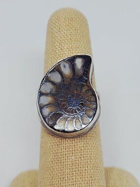 Sterling Silver Ammonite Fossil Ring Sz 8 Boho Natural Spiral Shell *READ*